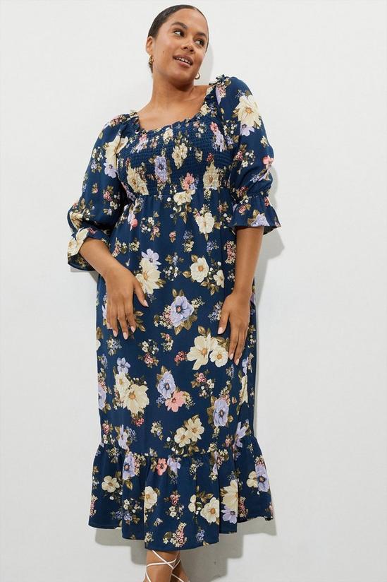 Dorothy Perkins Curve Navy Floral Shirred Midi Dress 2