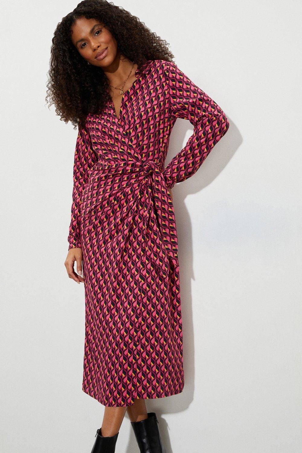 Womens Geo Print Wrap Midi Dress