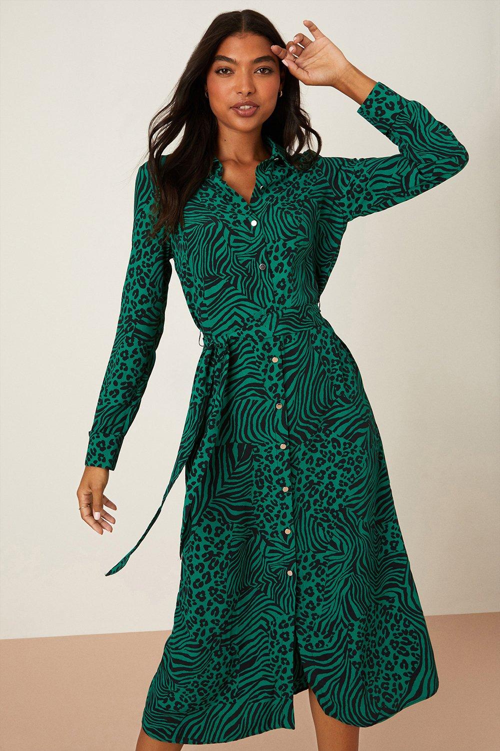 Green Leopard Print Dresses, Green Animal Print