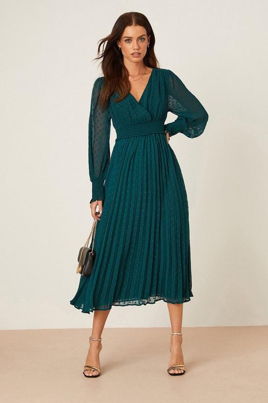 Dorothy Perkins Petite Green Textured Pleated Midi Dress 2