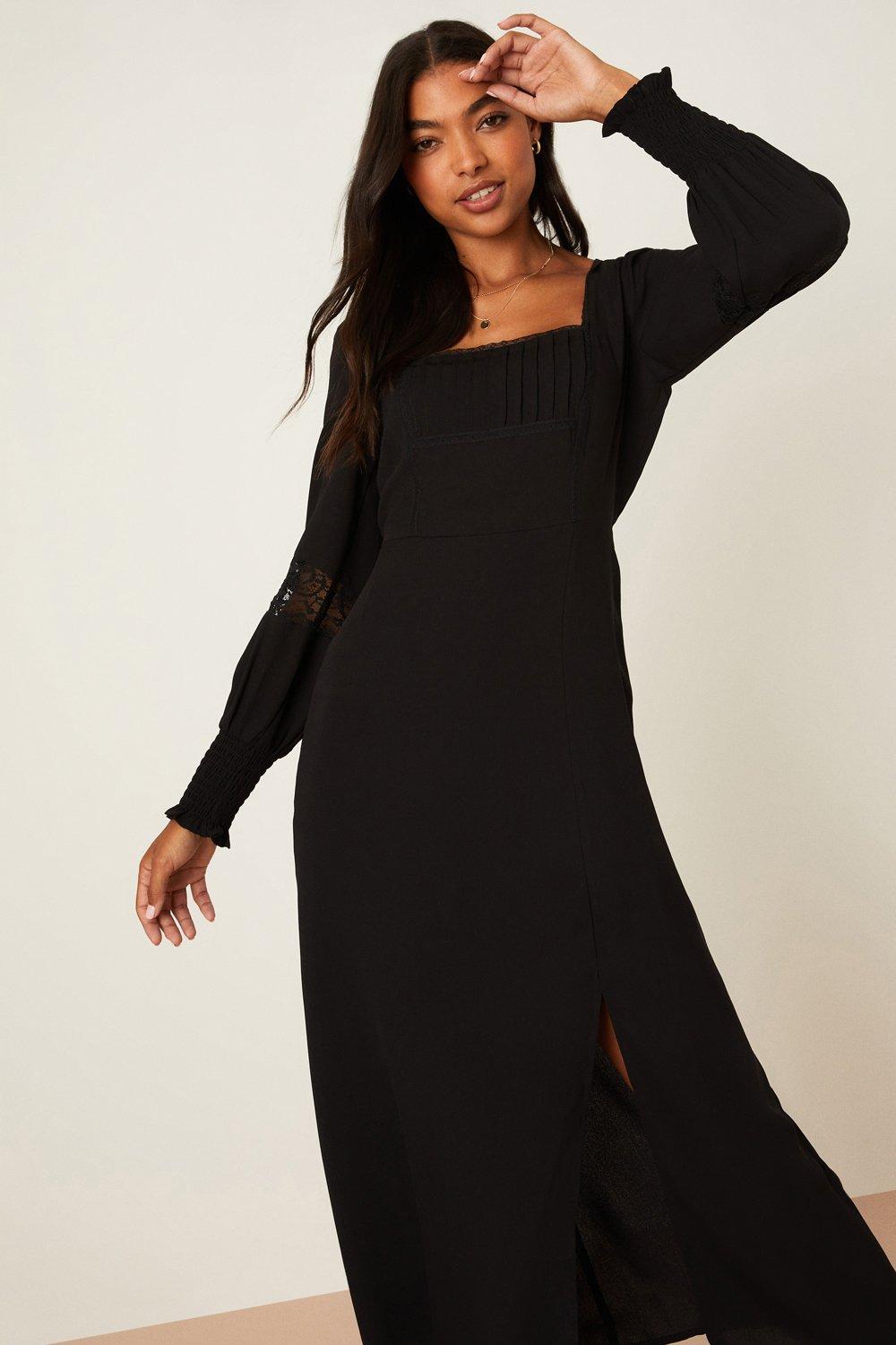 Womens Black Lace Detail Midi Dress