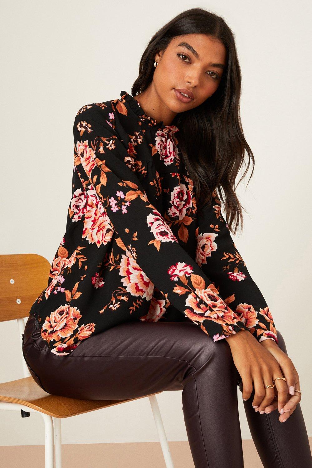 Womens Floral High Neck Puff Sleeve Top