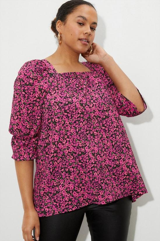 Dorothy Perkins Curve Pink Ditsy Square Neck Textured Top 1