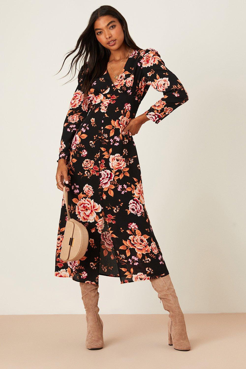 Black floral cheap button up dress