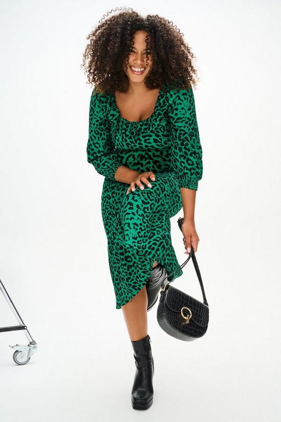 Dorothy Perkins Green Leopard Ruffle Neck Midi Dress 1
