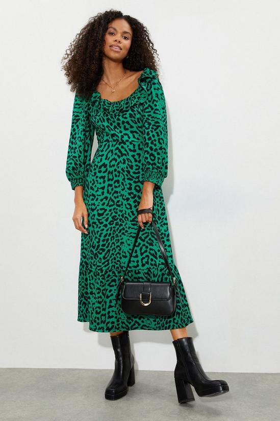 Dorothy Perkins Green Leopard Ruffle Neck Midi Dress 2
