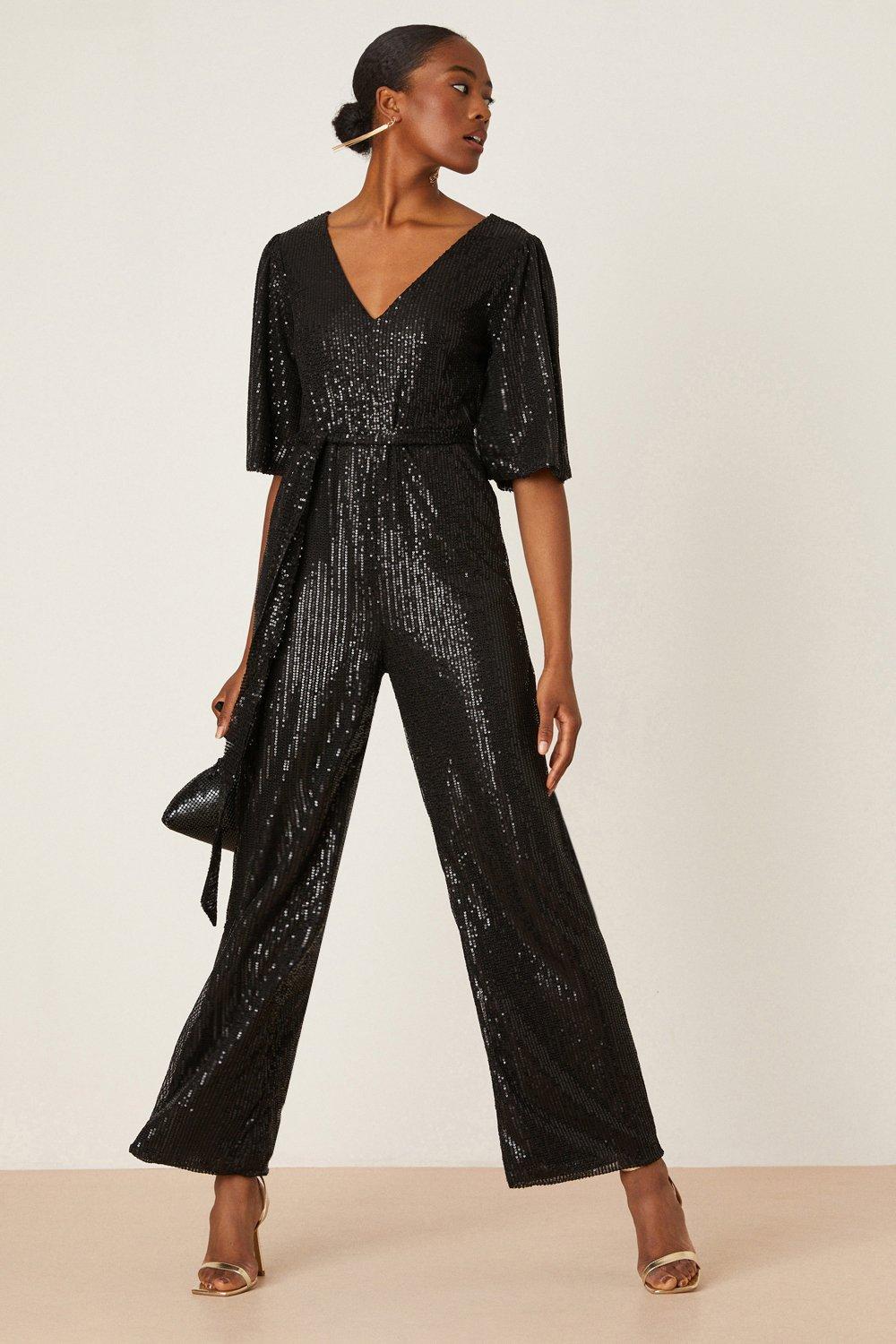 Women’s Tall Sequin Angel Sleeve Belted Jumpsuit - black - 14