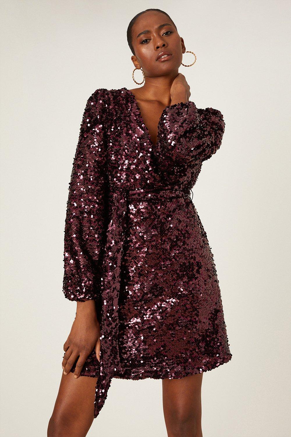Womens Tall Burgundy Sequin Wrap Mini Dress