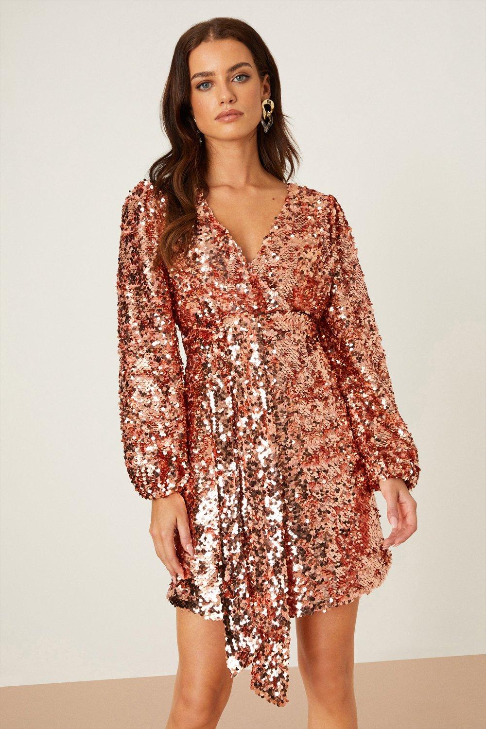 ASOS DESIGN 2 in 1 mini cami dress with low back in rose gold sequin