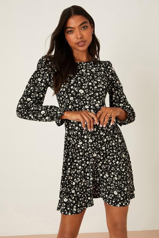Dorothy Perkins Black Floral Shirred Cuff Mini Dress 1
