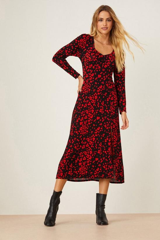 Dorothy Perkins Red Print Long Sleeve Sweetheart Midi Dress 1