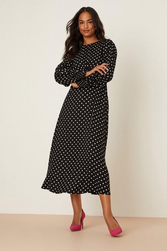 Dorothy Perkins Black Spot Long Sleeve Shirred Cuff Midi Dress 1