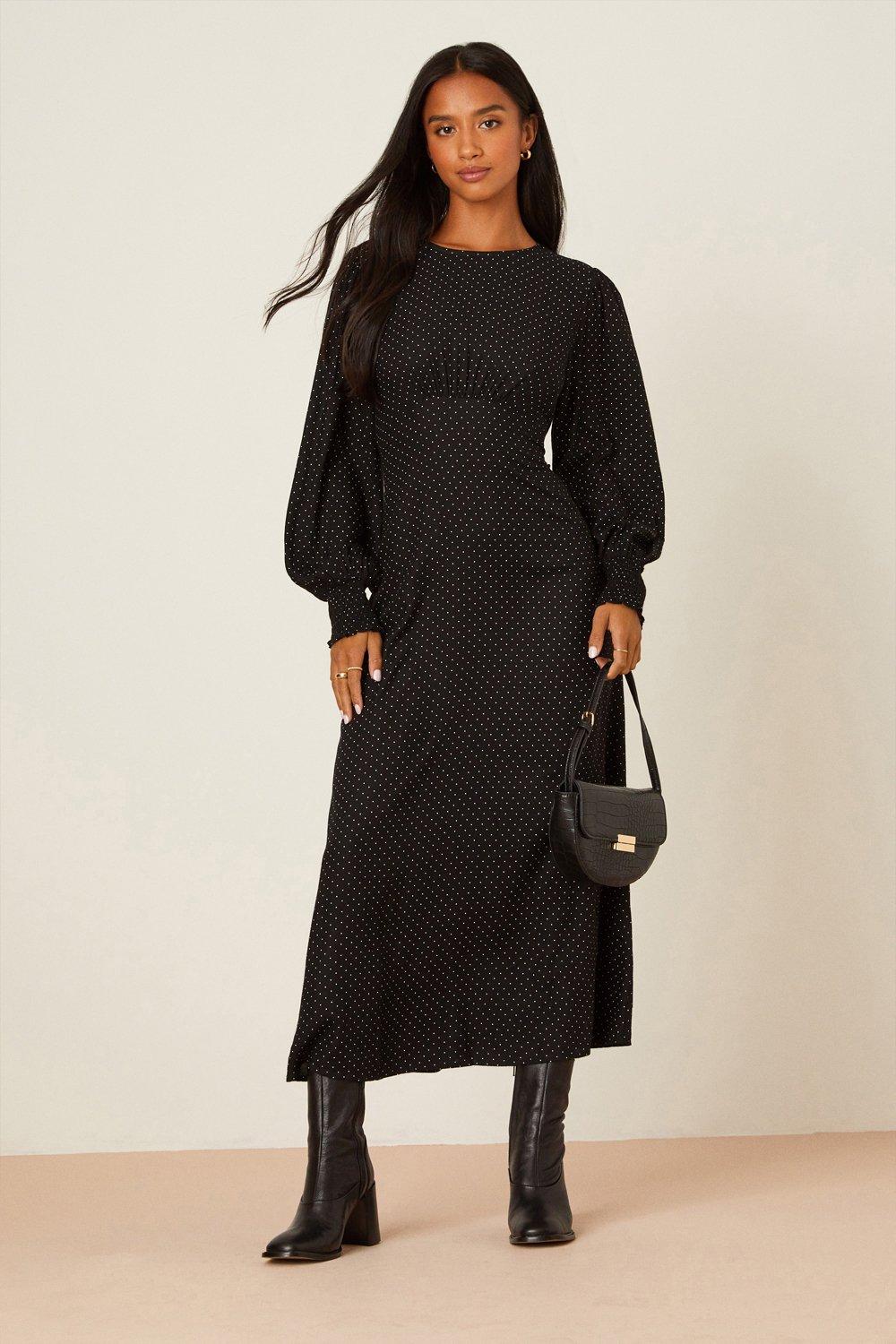 Women’s Petite Black Spot Long Sleeve Ruched Cuff Midi Dress - 4
