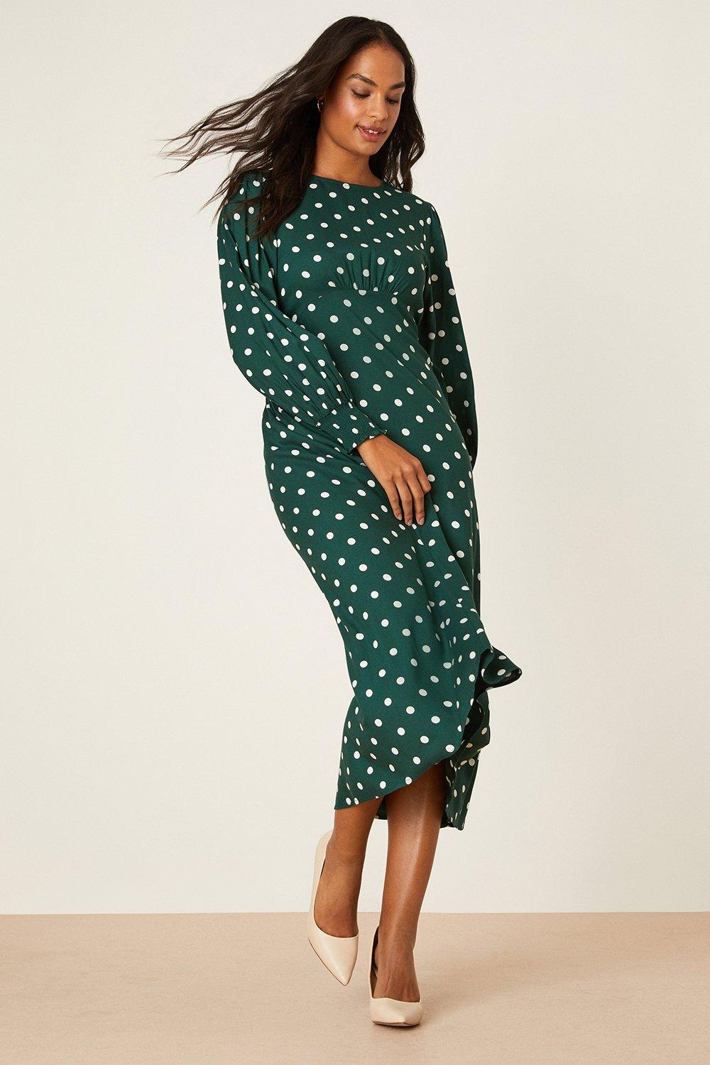 Dresses Green Spot Long Sleeve Shirred Cuff Midi Dress Dorothy