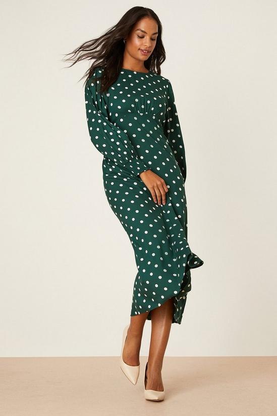 Dorothy Perkins Green Spot Long Sleeve Shirred Cuff Midi Dress 1