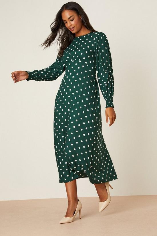 Dorothy Perkins Green Spot Long Sleeve Shirred Cuff Midi Dress 2
