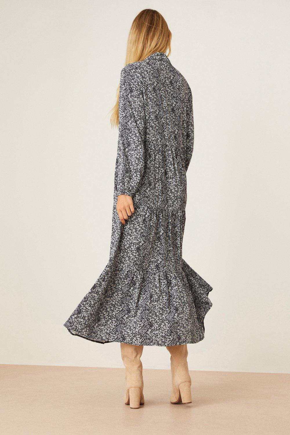 Ditsy Tie Neck Smock Midi Dress