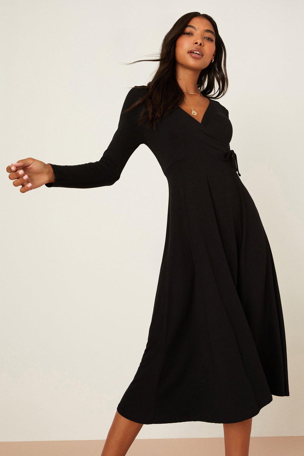 Womens Black Wrap Midi Dress