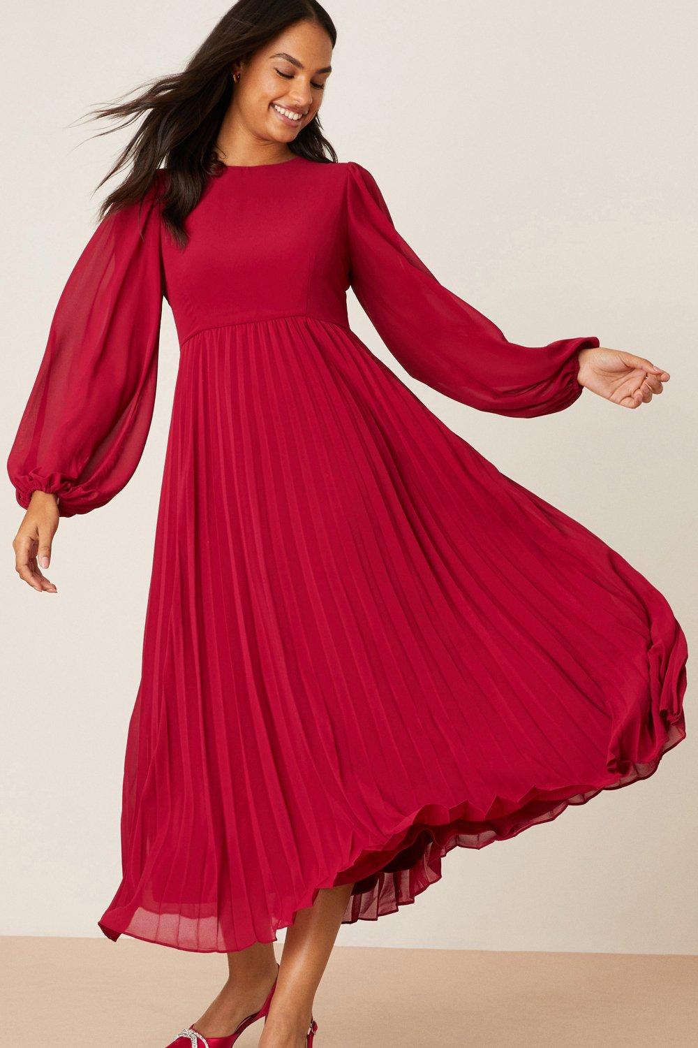 Red chiffon dress with hot sale sleeves