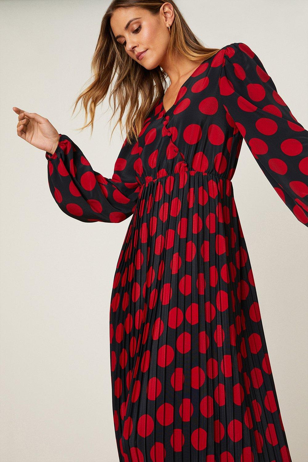 Women’s Red Spot Pleated Wrap Midi Dress - 8