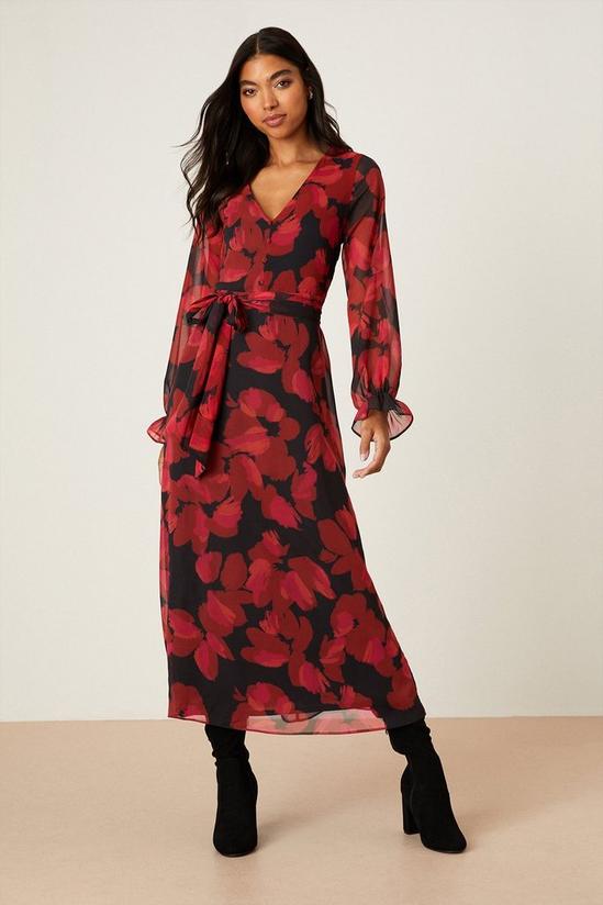 Dorothy Perkins Red Floral Chiffon Tie Waist Midi Dress 1
