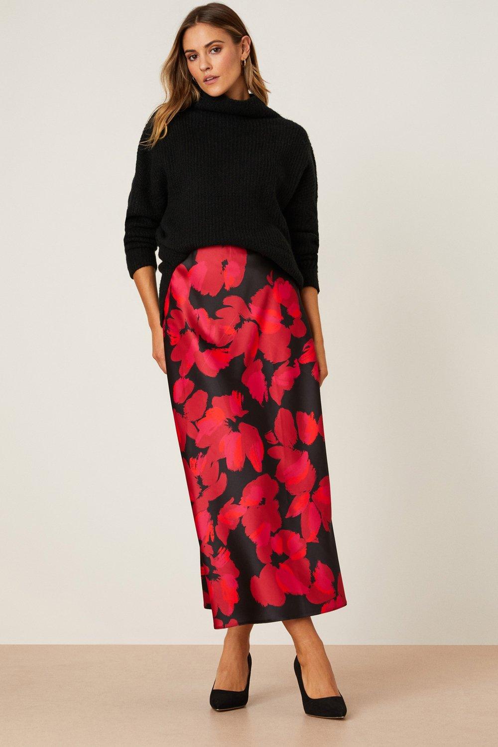 Skirts Red Floral Satin Bias Midi Skirt Dorothy Perkins