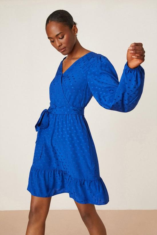 Dorothy Perkins Tall Blue Spot Jacquard Tie Waist Wrap Mini Dress 1