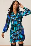 Dorothy Perkins Blue Blurred Floral Tie Waist Mini Shirt Dress thumbnail 1