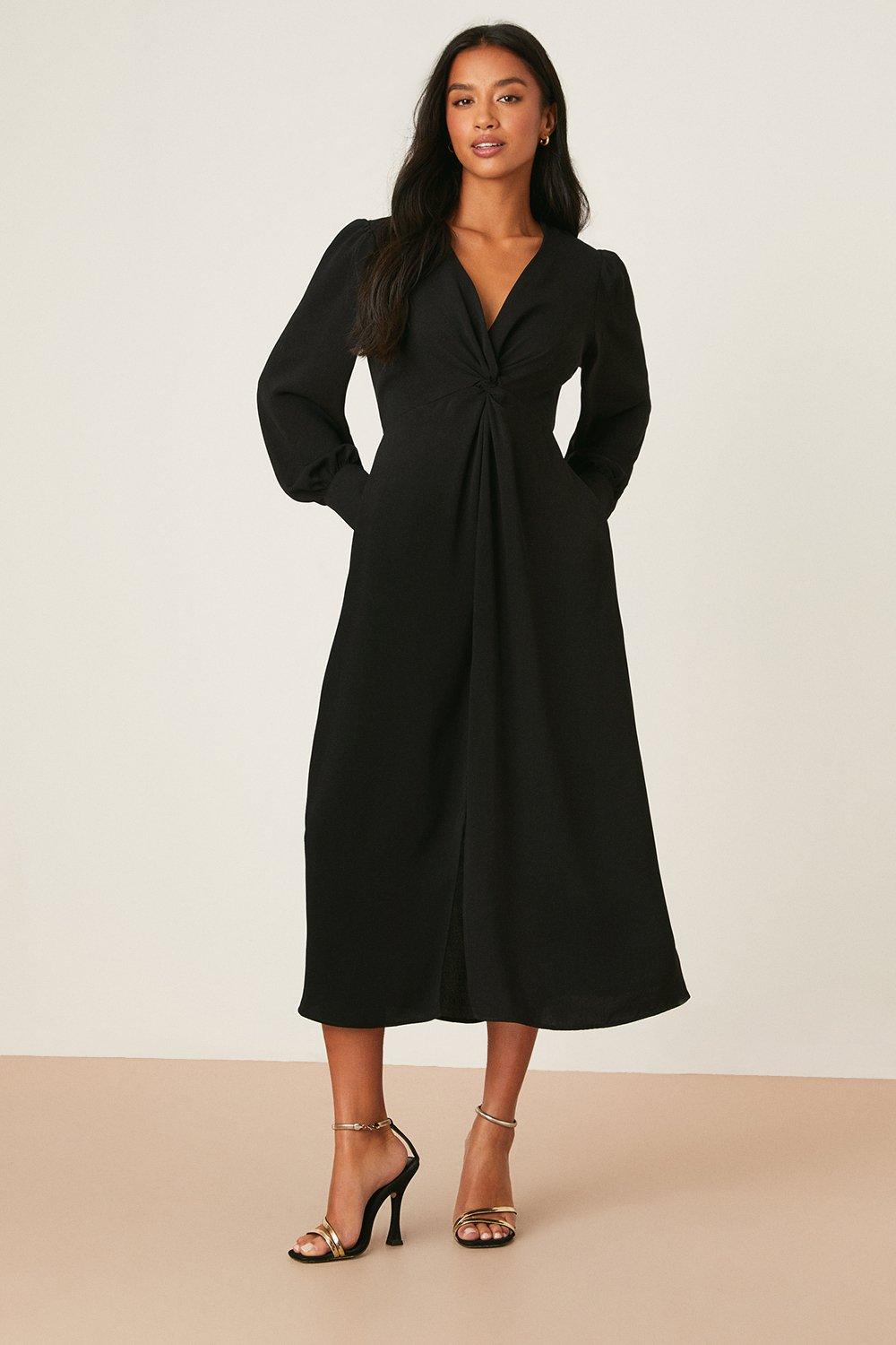Women's Petite Black Twist Front Midi Dress - 6