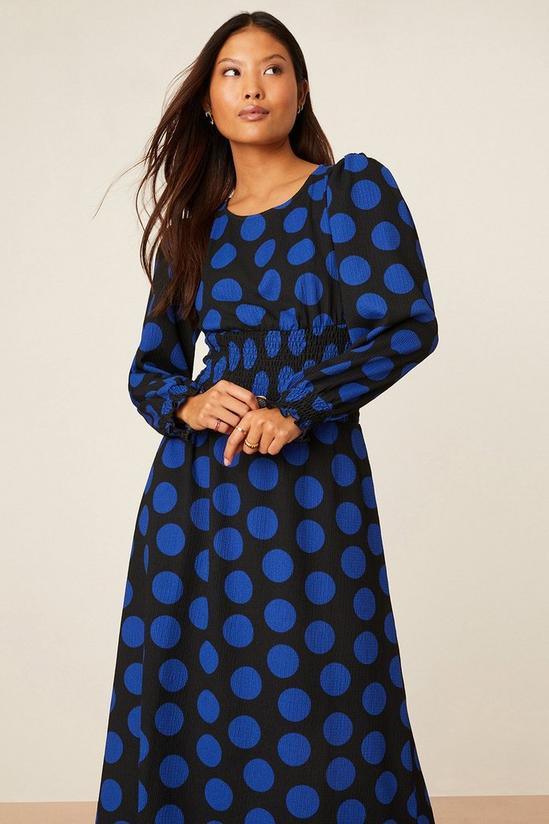 Dorothy Perkins Petite Blue Spot Shirred Waist Textured Midi Dress 1