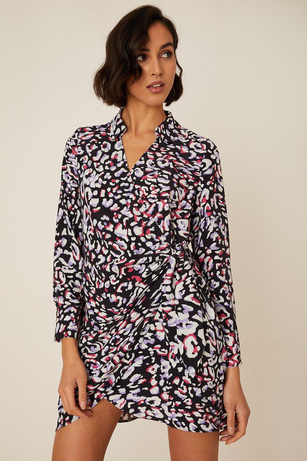 Womens Multi Leopard Print Collar Wrap Mini Dress