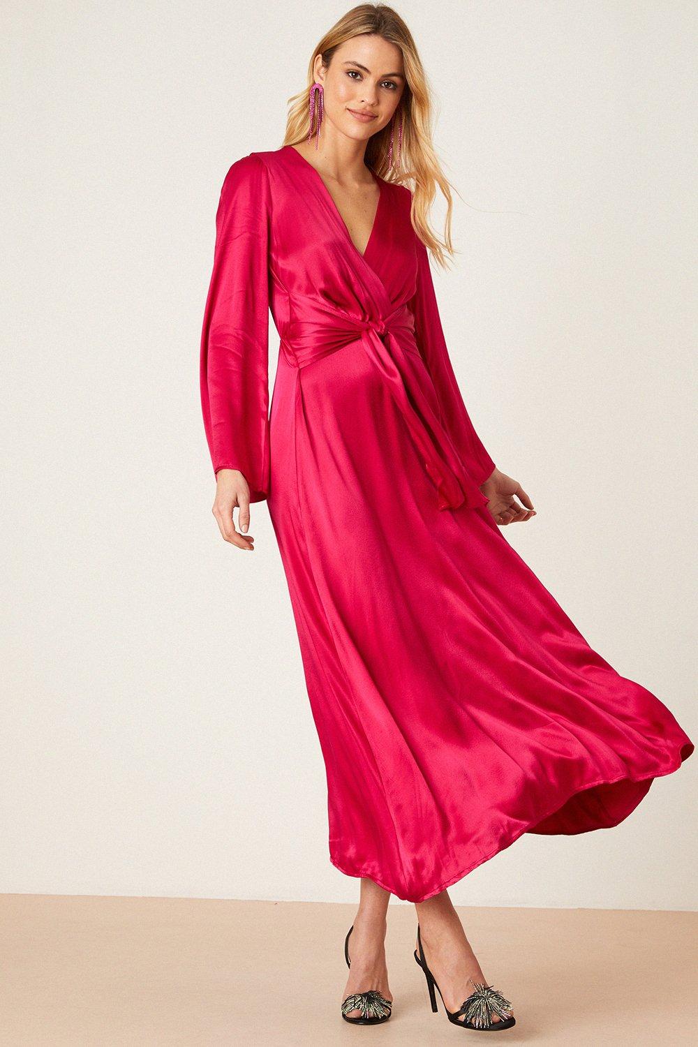 Womens Premium Pink Satin Tie Front Midi Dress