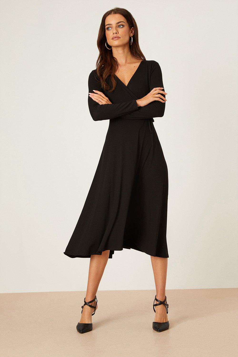 Black long sleeve midi wrap clearance dress