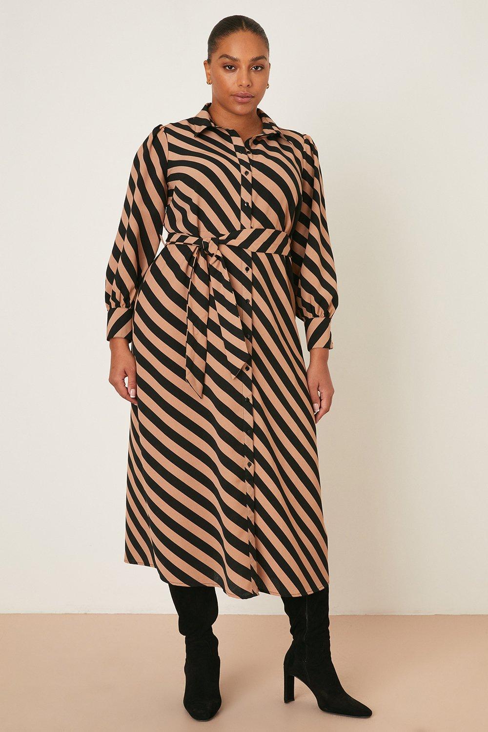 Womens Curve Camel Stripe Shirt Dress