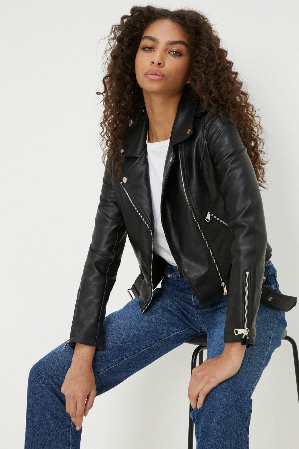 Women’s Faux Leather Belted Biker Jacket - black - M