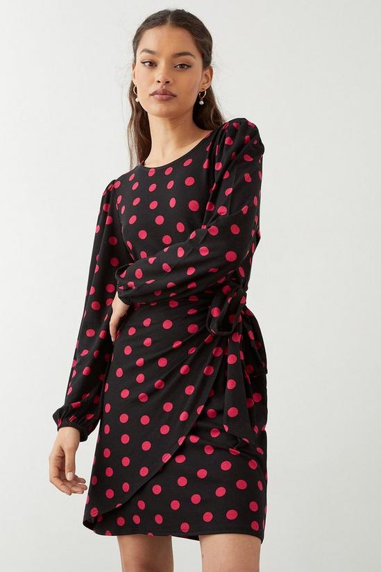 Dorothy Perkins Petite Pink Spot Print Long Sleeve Wrap Mini Dress 1
