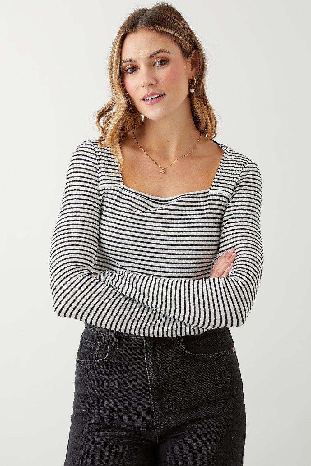 Women’s Stripe Square Neck Long Sleeve Top - white - L