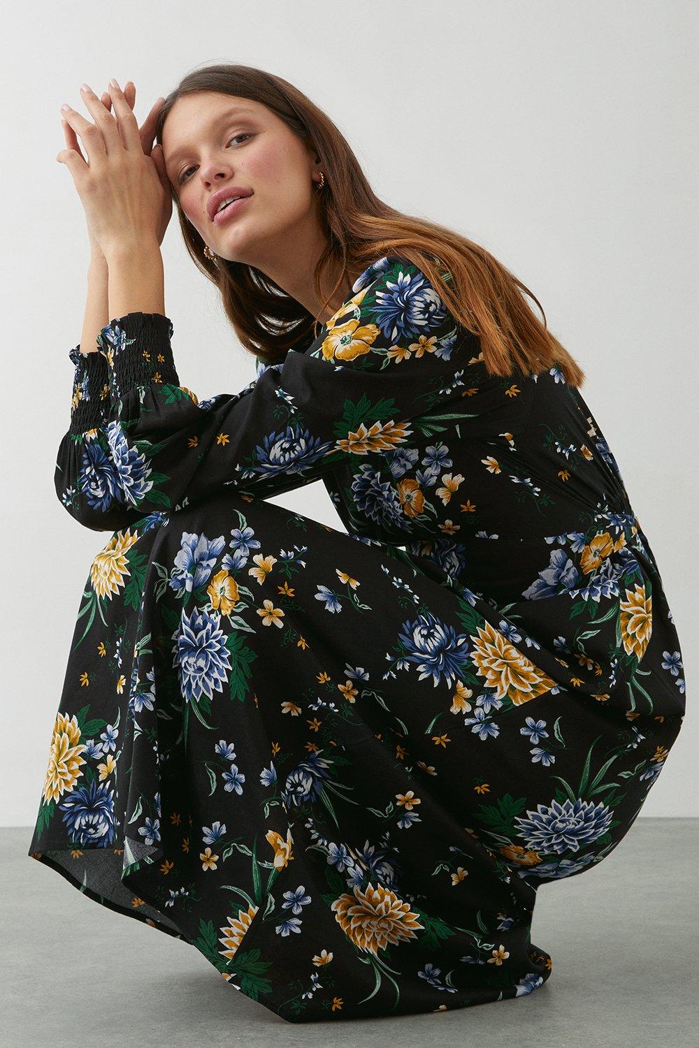 Women’s Black Floral Shirred Cuff Midi Dress - 8