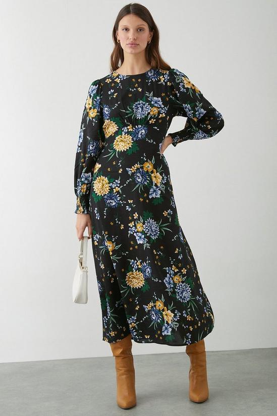 Dorothy Perkins Black Floral Shirred Cuff Midi Dress 2