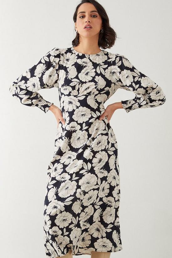 Dorothy Perkins Large Mono Floral Shirred Cuff Midi Dress 1