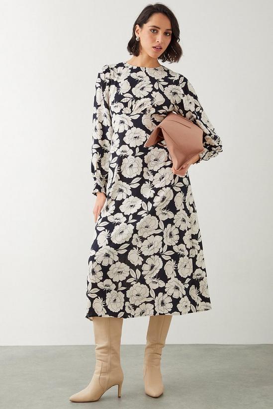 Dorothy Perkins Large Mono Floral Shirred Cuff Midi Dress 2