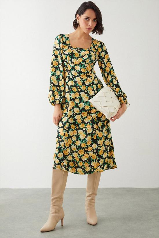 Dorothy Perkins Yellow Rose Print Scoop Neck Midi Dress 1