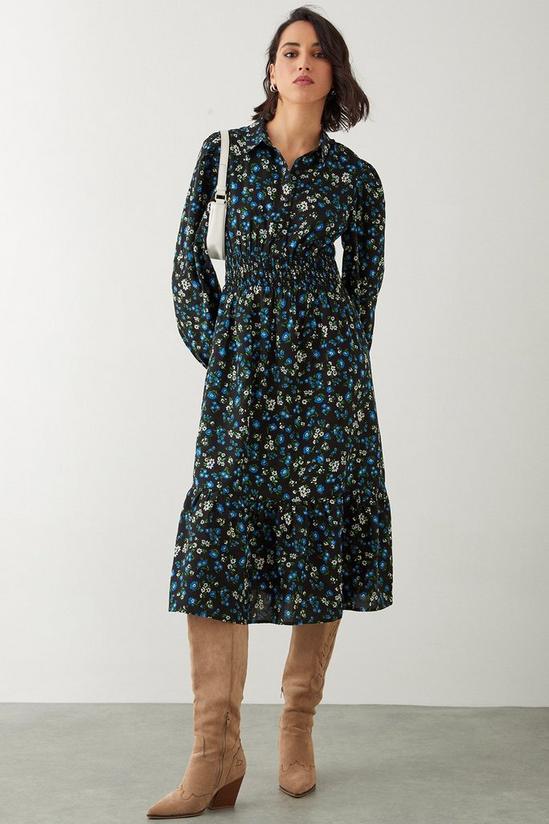 Dorothy Perkins Ditsy Floral Shirred Waist Midi Shirt Dress 1