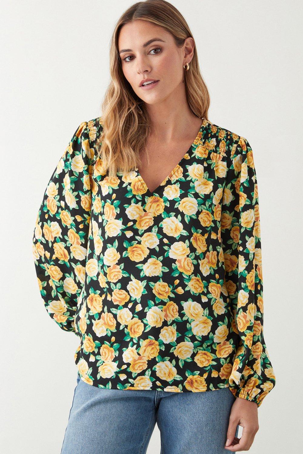 Womens Yellow Floral Shirred Detail Blouse