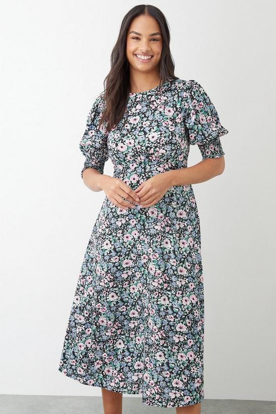 Dorothy Perkins Multi Floral Shirred Cuff Midi Dress 1