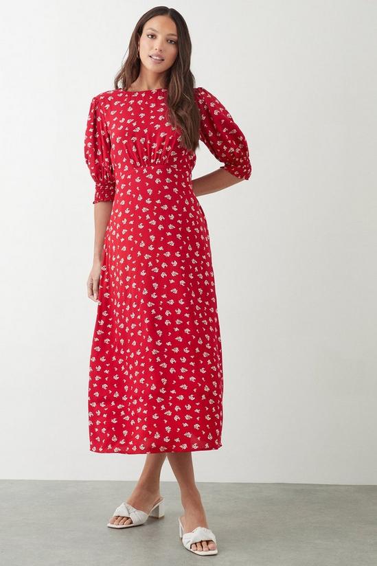 Dorothy Perkins Tall Red Ditsy Floral Shirred Cuff Midi Dress 1