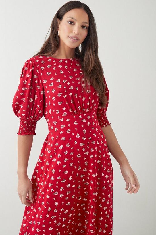 Dorothy Perkins Tall Red Ditsy Floral Shirred Cuff Midi Dress 2