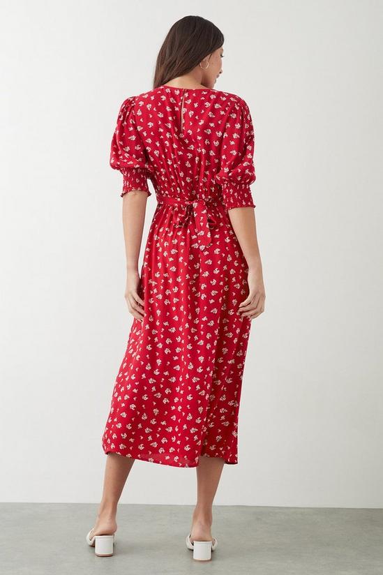 Dorothy Perkins Tall Red Ditsy Floral Shirred Cuff Midi Dress 3