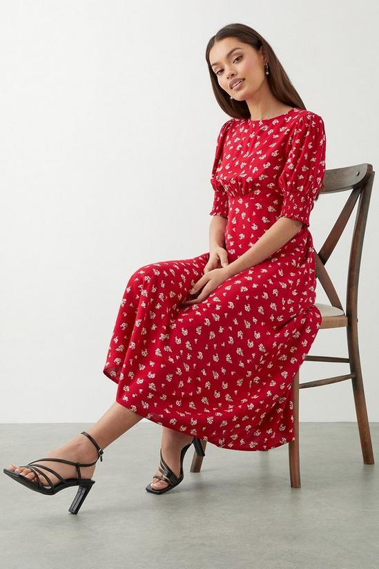 Dorothy Perkins Petite Red Ditsy Floral Shirred Cuff Midi Dress 1