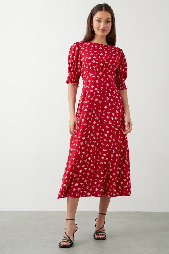Dorothy Perkins Petite Red Ditsy Floral Shirred Cuff Midi Dress 2